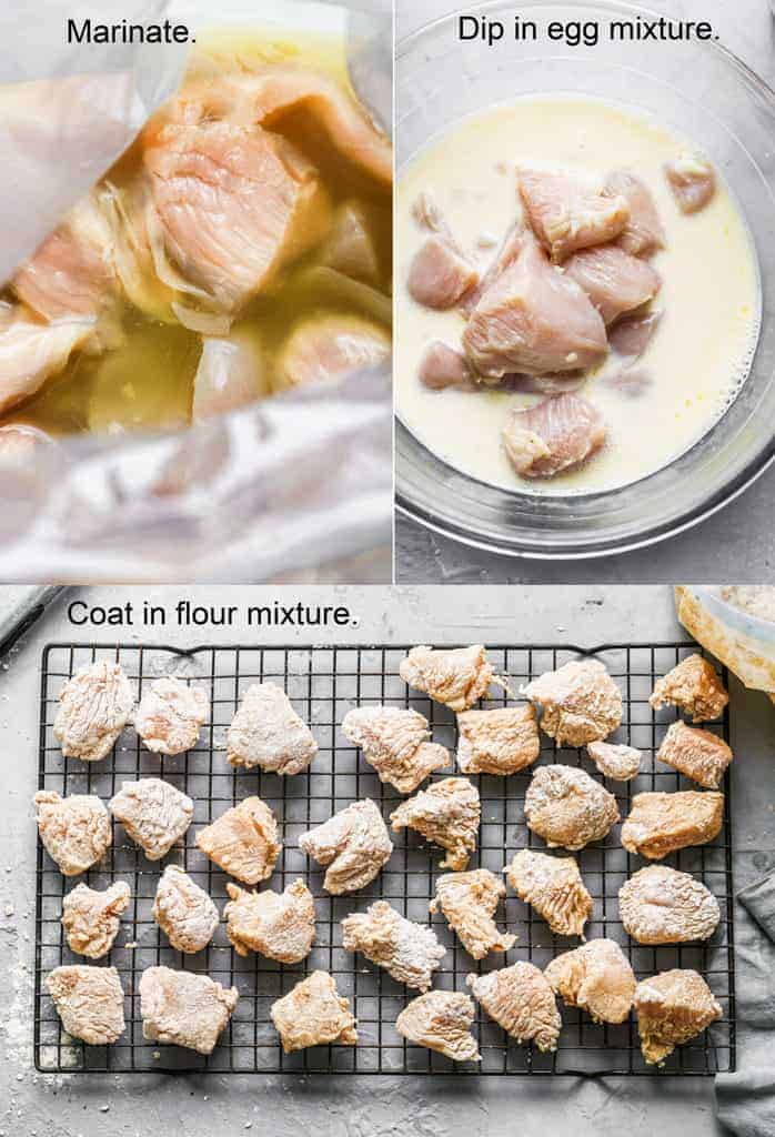 Three process photos for marinating and coating chicken pieces in egg mixture, then flour mixture to make chicken nuggets.