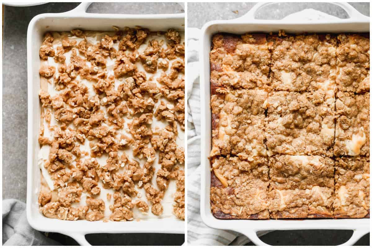 Two images of a homemade Coffee Cake before and after it's baked.