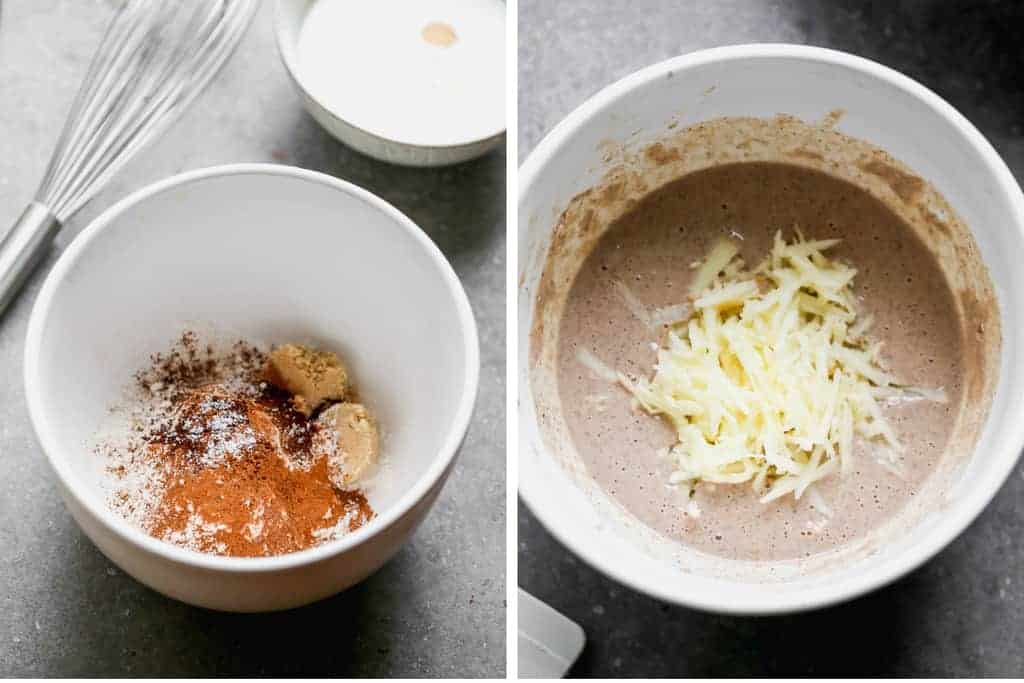 Mixing bowl with flour and spices, then wet ingredients and grated apple added to make pancakes.