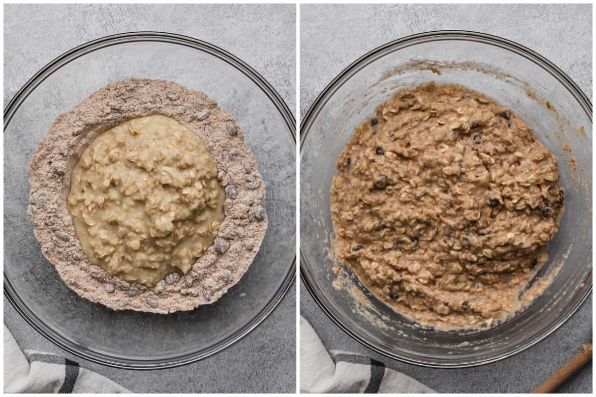 Two images showing wet ingredients being stirred into dry ingredients to make healthy applesauce muffins.