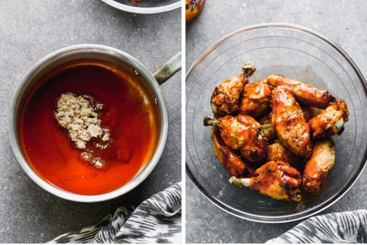 Buffalo sauce in a skillet and a bowl with baked chicken wings tossed in buffalo sauce.