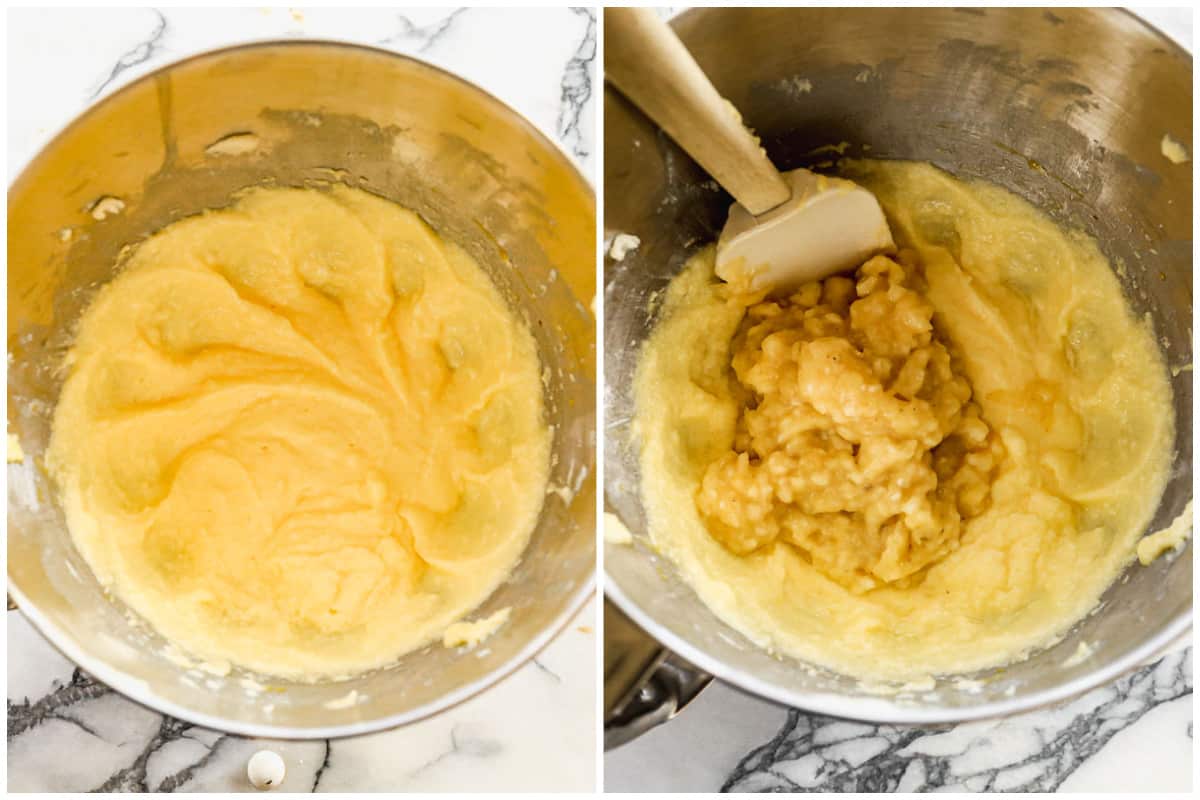 Two images showing the creamed butter and sugar with eggs. mixed together, then mashed bananas being folded in to make banana bread batter.