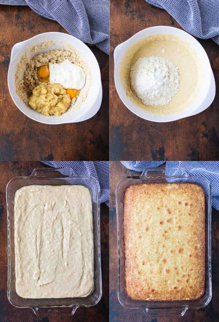 Four process photos for making banana bread bars including mixing the batter, pouring into a baking pan, and baking.