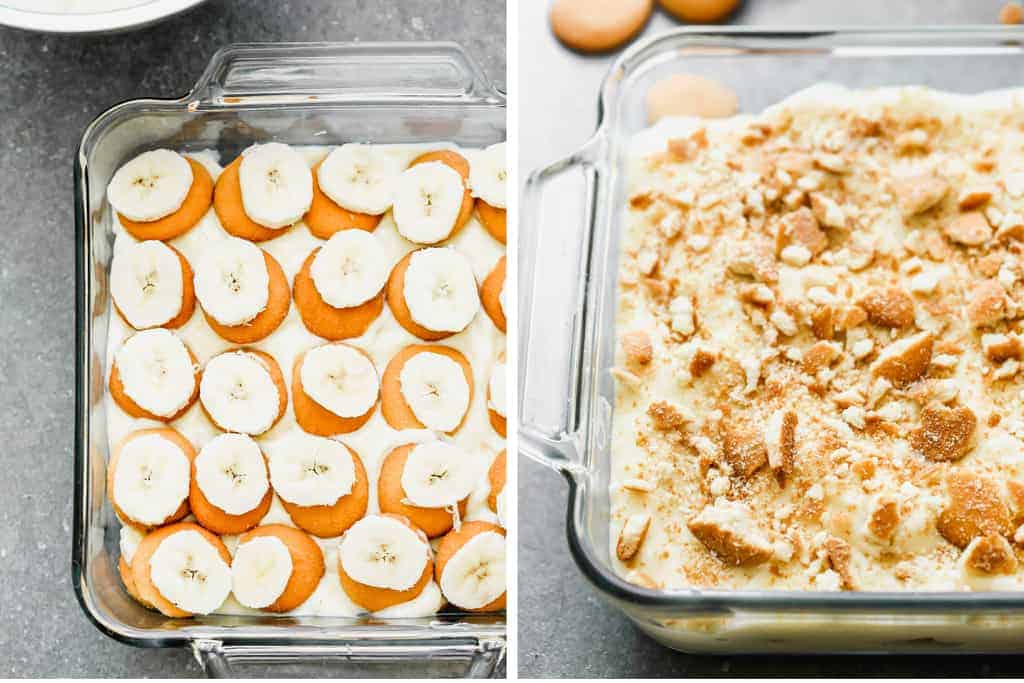 Two process photos for layering vanilla pudding, Nilla wafers and sliced bananas in a dish to make banana pudding.