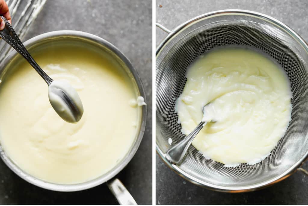 A saucepan with vanilla pudding coating the back of a spoon, then the pudding inside a fine mesh strainer.