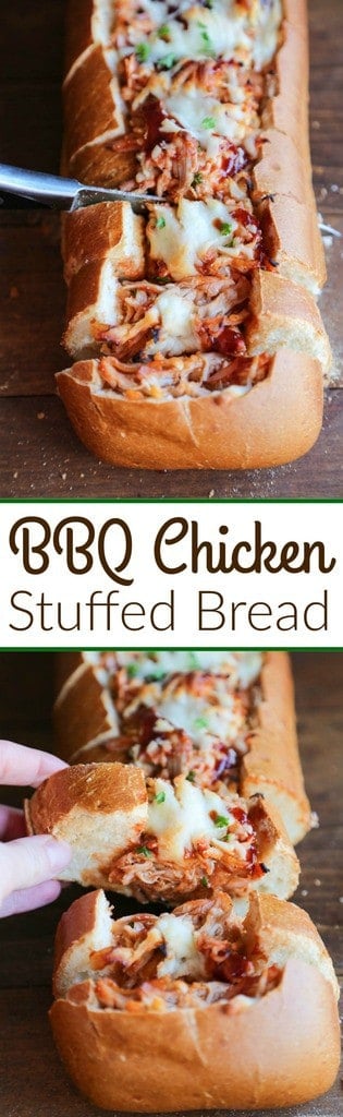 BBQ Chicken Stuffed Bread - Crusty artisan bread filled with cheesy bbq chicken filling. A fun twist to traditional BBQ chicken pizza--perfect for game day appetizers or an easy dinner idea. | Tastes Better From Scratch 