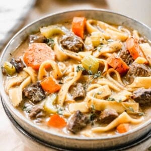 Beef noodle soup served in a bowl.