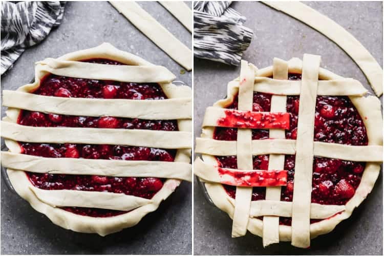 Process photos for adding a lattice crust to a berry pie. 