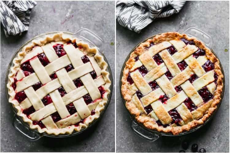 Before and after photos of an unbaked and then baked berry pie with lattice crust.