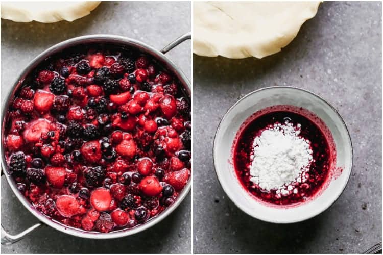 Cooked berries in a saucepan and a small bowl with berry juice and cornstarch.