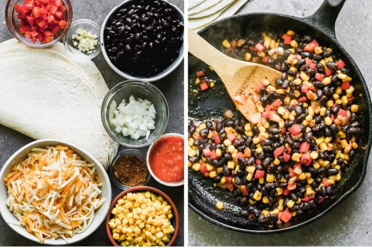 Two process photos of the ingredients for black bean quesadillas and the filling cooking in a skillet.