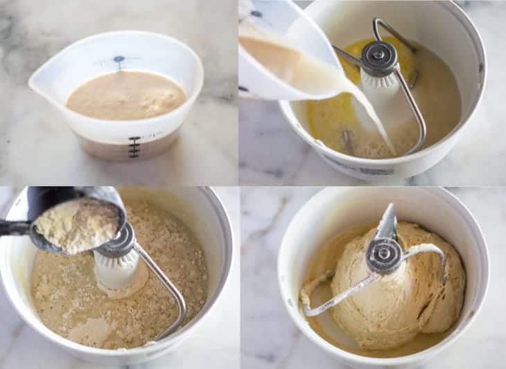 Four process photos for making dough for bread bowls, including the yeast proofing in a measuring cup, added to a stand mixer, flour added and the dough kneaded, resting in the mixer.