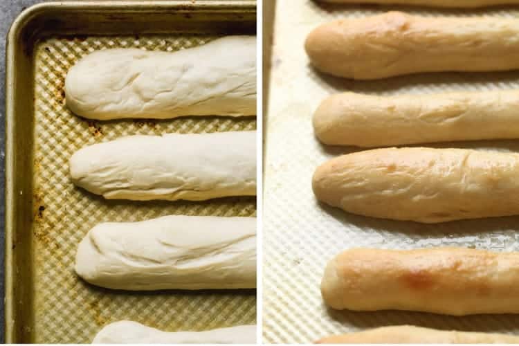 Rolled breadstick dough on a baking sheet then a photo of the baked breadsticks on the baking sheet.