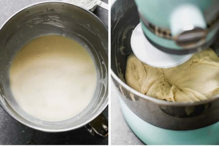 A bowl with proofing yeast next to a mixer kneading breadstick dough.