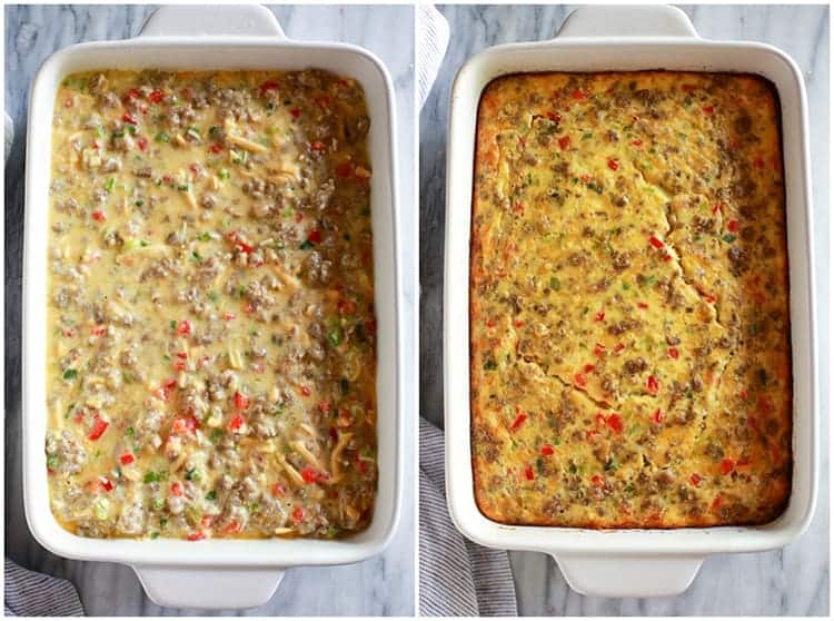 Overhead process photos of an egg breakfast casserole in a white dish unbaked and then baked. 