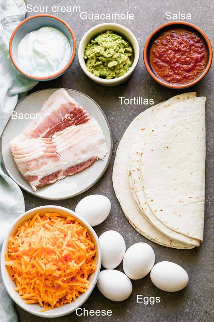 The ingredients needed to make breakfast quesadillas, on a board, labeled.