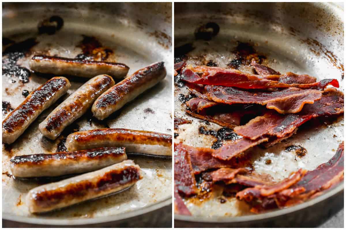 Two images showing sausage and bacon cooked separately in a stainless steel pan.