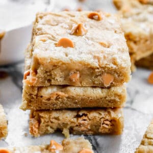 Three easy Butterscotch Bars stacked and ready to enjoy.