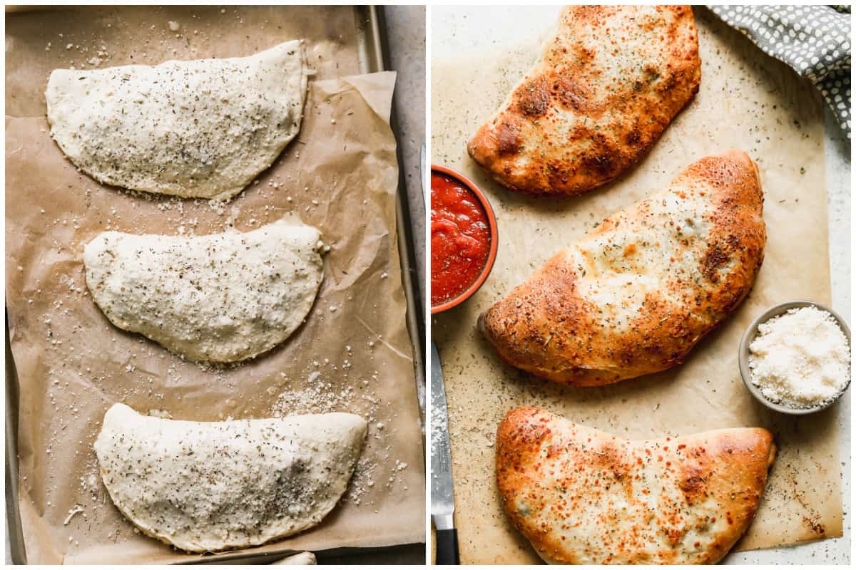 Two images showing unbaked calzones, sprinkled with Italian seasoning and parmesan cheese, and then easy Calzones baked.