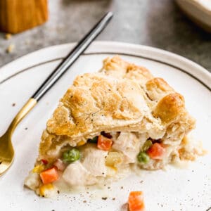 A piece of homemade Chicken Pot Pie on a plate.