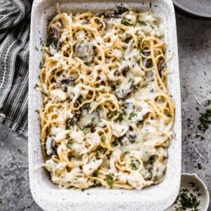 A baking dish filled with homemade Chicken Tetrazzini.