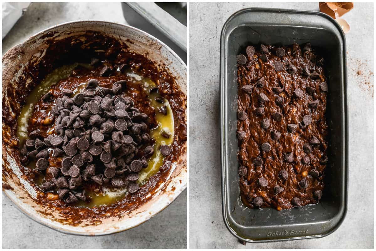 Two images showing chocolate chips and melted butter added to an easy chocolate banana bread batter, then the batter transferred to a loaf pan.