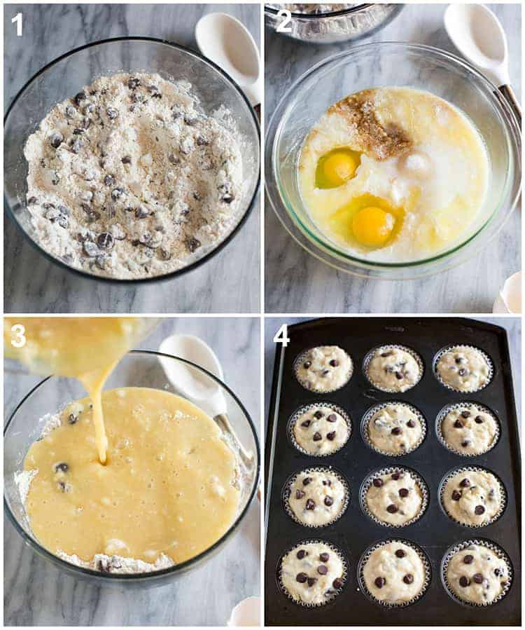 Process photos for how to make chocolate chip muffins including mixing the dry ingredients, wet ingredients, and the batter inside a muffin tin ready to be baked.