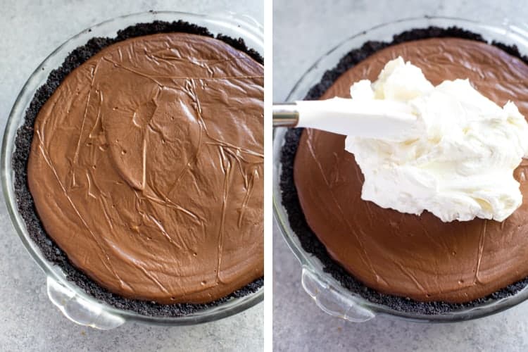 A clear glass pie pan with oreo crust and chocolate cream pie in it, next to another photo of a spatula spreading whipped cream on top of the pie.