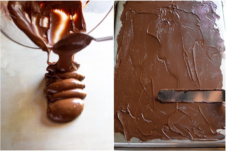 Melted chocolate being poured onto the back of a baking sheet, next to a photo of the chocolate being smoothed into a thin layer with an offset spatula.