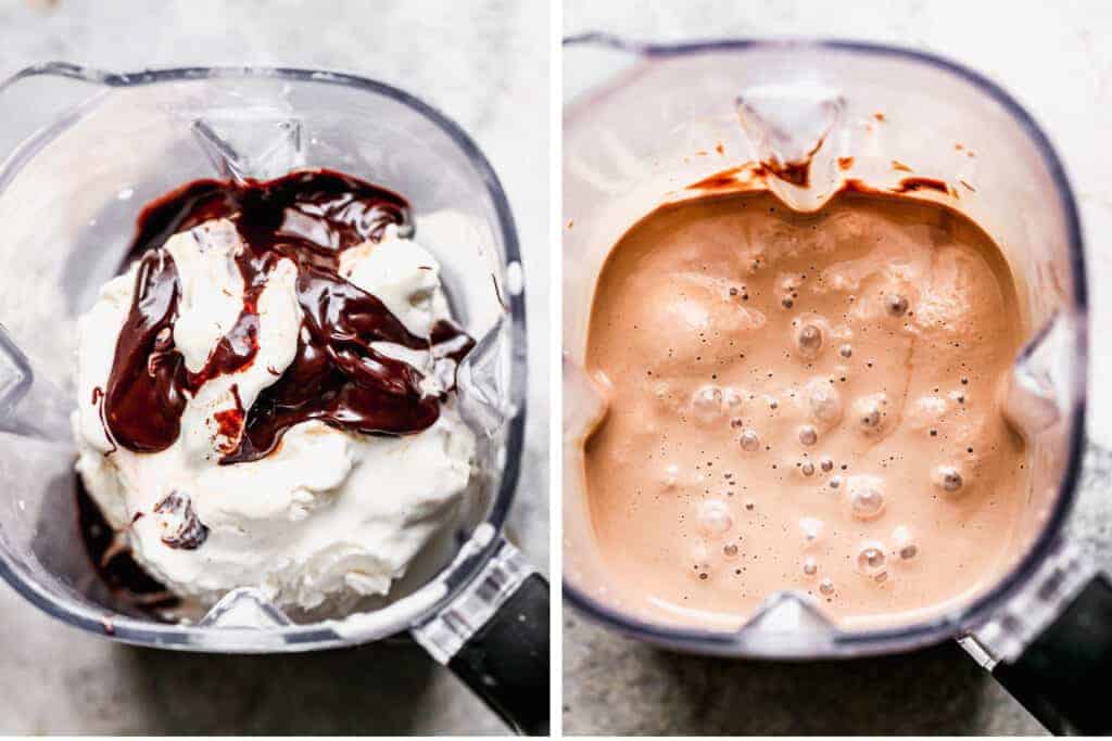 Two process photos of the ingredients for a chocolate milkshake in a blender, then blended. 