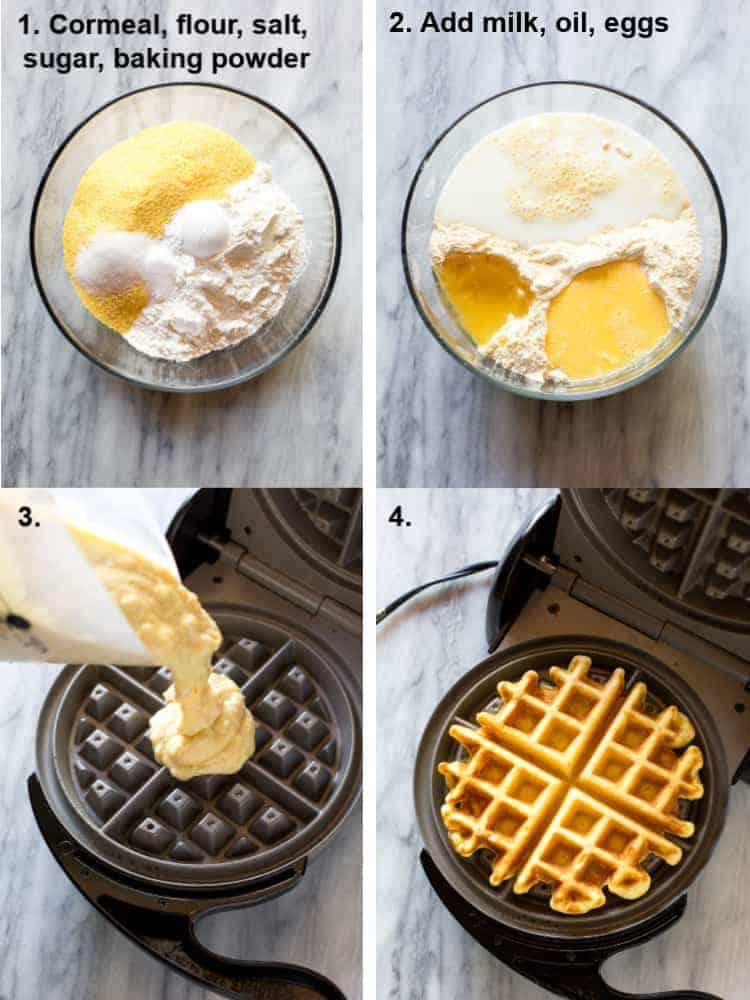 The step-by-step process for making cornbread waffles including the dry ingredients in a bowl, the wet ingredients added, the batter being poured into the waffle iron, and the final cooked waffle resting in the waffle iron.