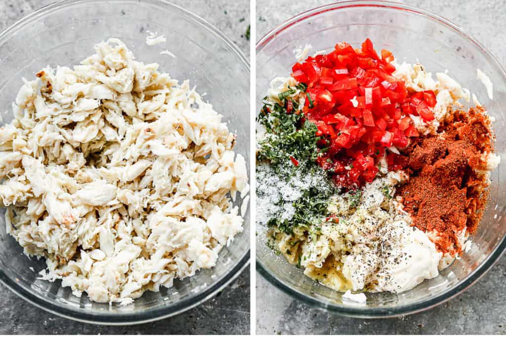 Lump crab meat in a mixing bowl, then crab cake ingredients added to the bowl.