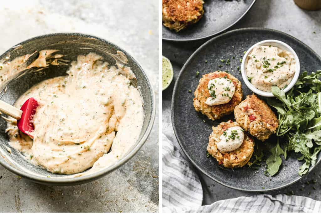 Crab cakes sauce mixed in a bowl, next to another photo of it served on crab cakes.