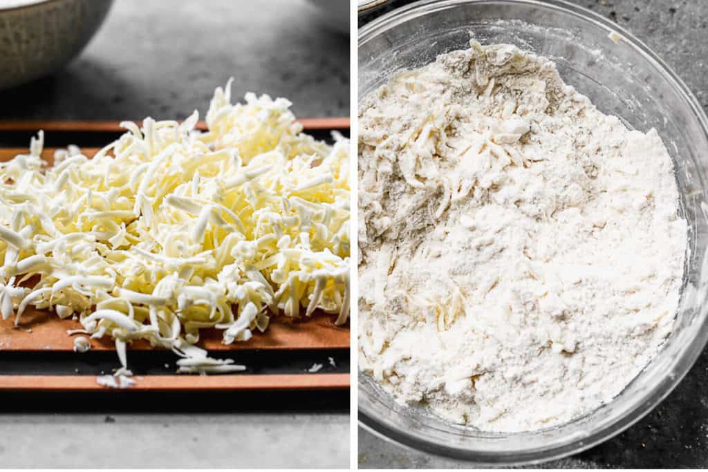 Grated butter on a board next to another photo of a mixing bowl with flour, sugar, baking powder, and salt and grated butter cut in.