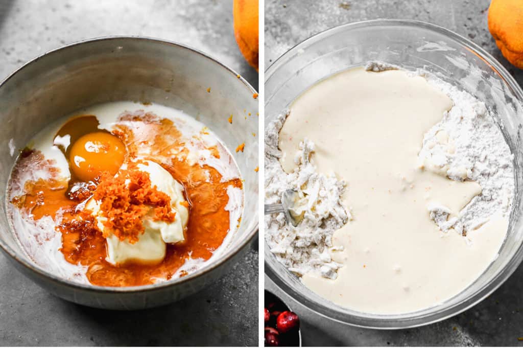 A bowl with cream, eggs, Greek yogurt, orange zest and vanilla, then the mixture combined and poured over flour mixture, to make scones.