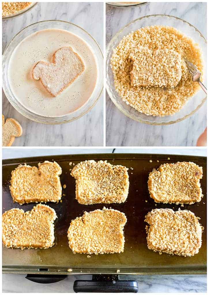 Process photos for making cereal crusted french toast including dipping the bread in batter, then in crushed cereal and the french toast cooking on a griddle.