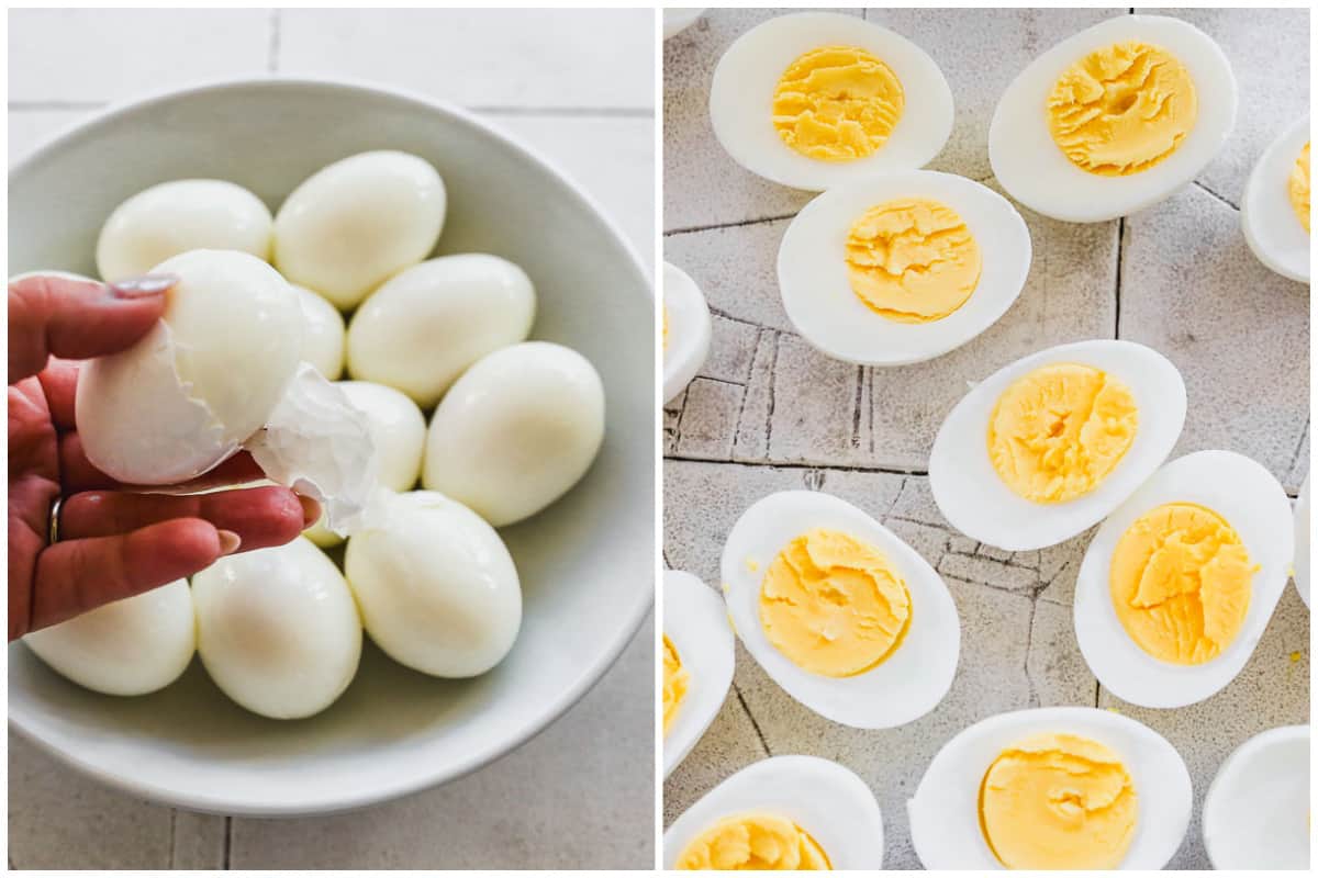 Two images with a hard boiled egg being peeled, then a bunch of hard boiled eggs sliced in half.