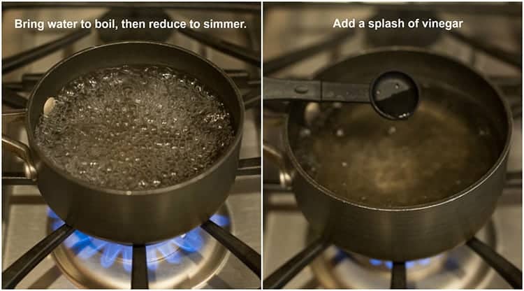 Side by side photos of preparing a saucepan of boiling and then simmering water to poach an egg, with text on the photo explaining to boil the water and then reduce the heat to a simmer. 