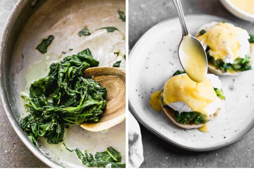 Cook spinach in a skillet next to a plate with an english muffin topped with cooked spinach, poached egg and a spoon drizzling hollandaise sauce on top.