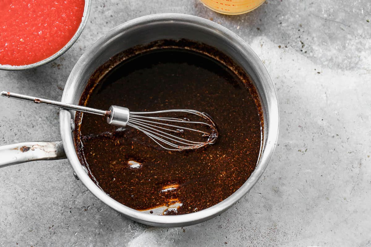 Oil, flour, and spices simmering in a pot on the stove.