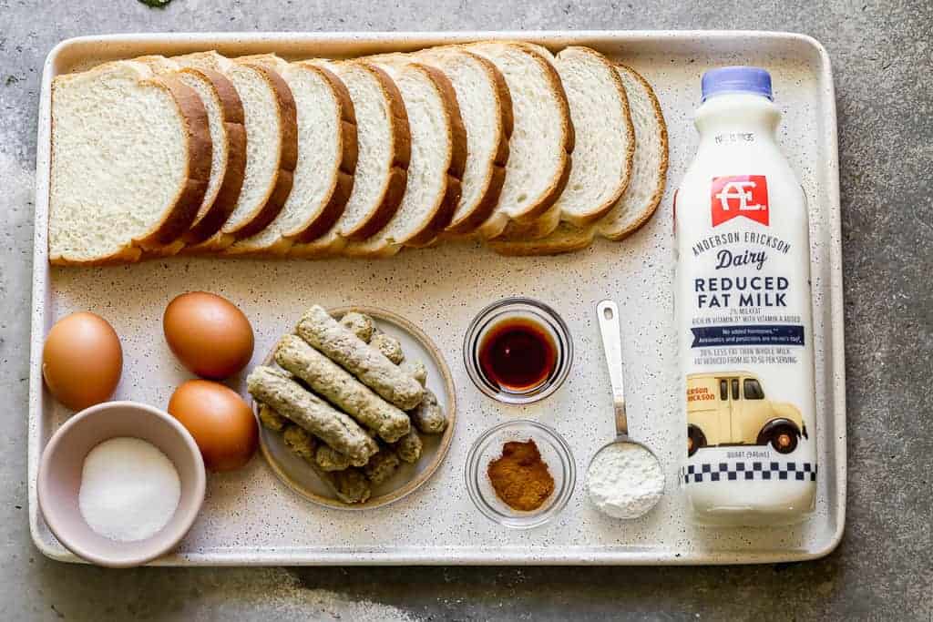 The ingredients needed to make French Toast sticks.