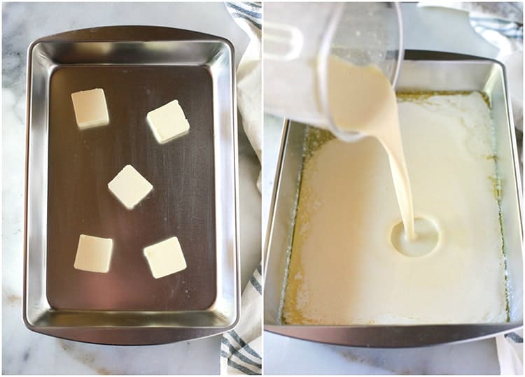 Overhead photo of a metal pan with slices of butter in it, next to another photo of the pan with the butter melted and batter for German pancakes being poured on top.