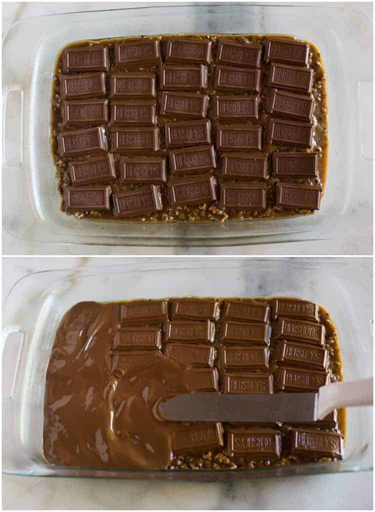 Two photos of a clear 9x13'' pan on a white marble board with the pieces of Hershey's candy bar placed on top of a hot toffee bar to melt, and another photo of the chocolate beginning to melt and being spread into a smooth layer.