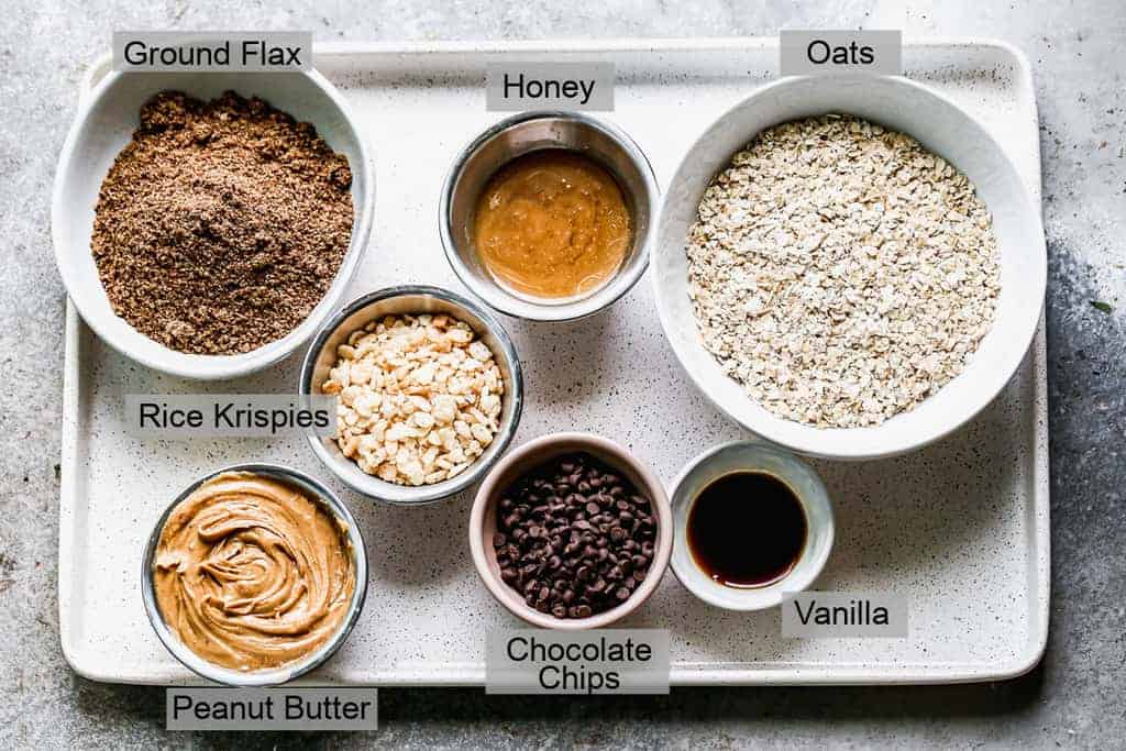 Labeled ingredients needed to make Granola Bites.