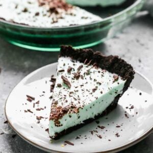 A slice of Grasshopper Pie served on a plate.