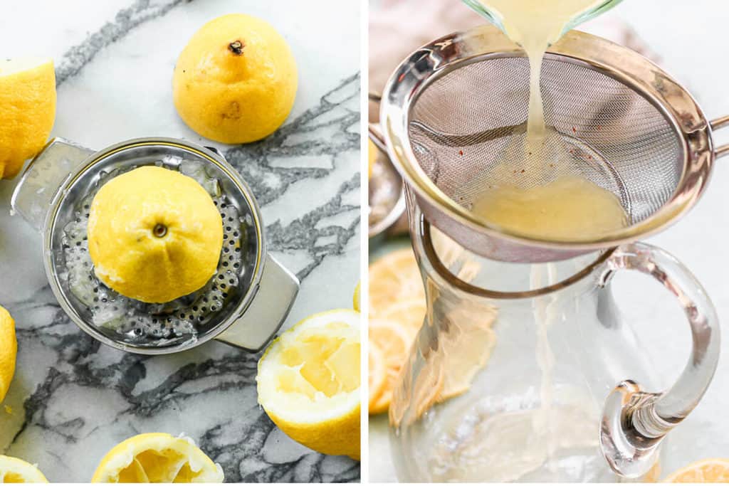 Fresh lemons being juiced, then poured through a fine mesh strainer into a pitcher.