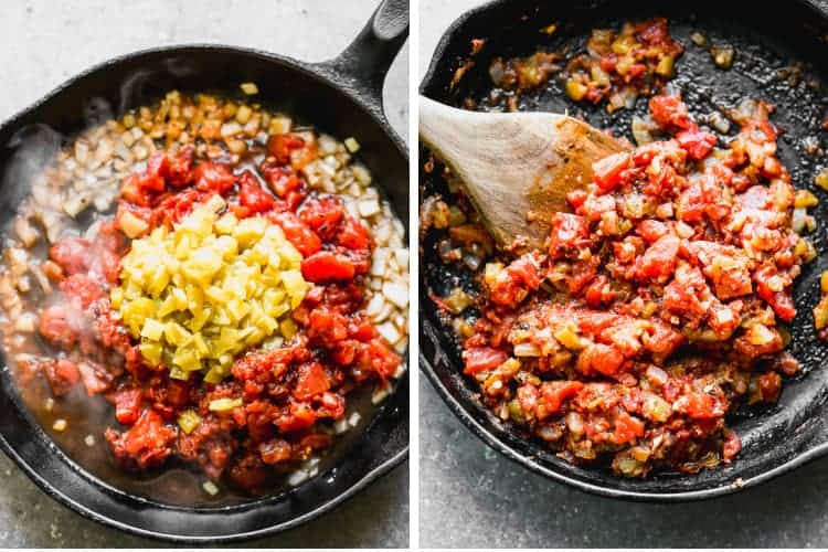 Two process photos for making salsa ranchera in a cast iron skillet.