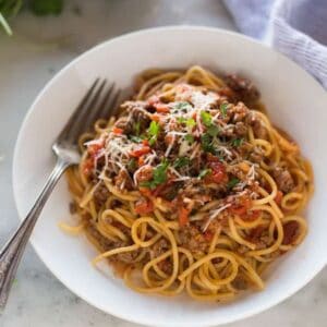 A pasta bowl full of Spaghetti made from the instant pot, garnished with parsley and parmesan.