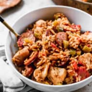 An easy Jambalaya recipe in a white bowl, ready to serve.