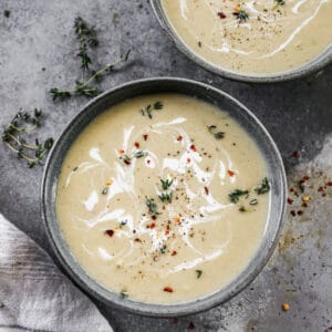 Two bowls of easy Leek and Potato Soup, ready to enjoy.